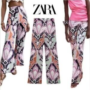 Zara Floral Print Linen Cotton Flare High Waist Trouser pants long tall